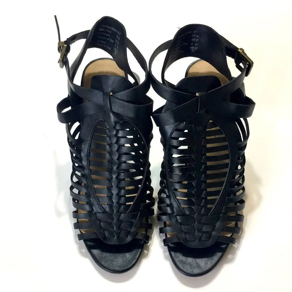 American Eagle Black Woven High Heel Open Toe Ankle Strappy Size 8 - Picture 1 of 5